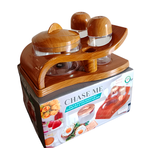 Chase Me Salt / Pepper / Sugar Pot & Toothpick Holder - Wood Style Plastic Set